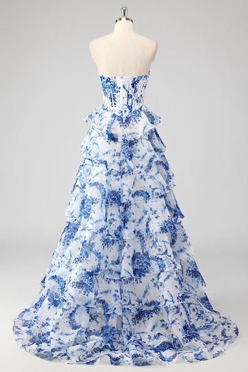 Blue White Flower A-Line Sweetheart Tiered Long Formal Dress with Slit